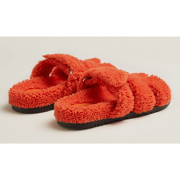 Hermes Chypre Sandal Teddy Shearling Fur Orange H Logo Slide Mule Flat Flip 37.5 - Picture 10 of 12